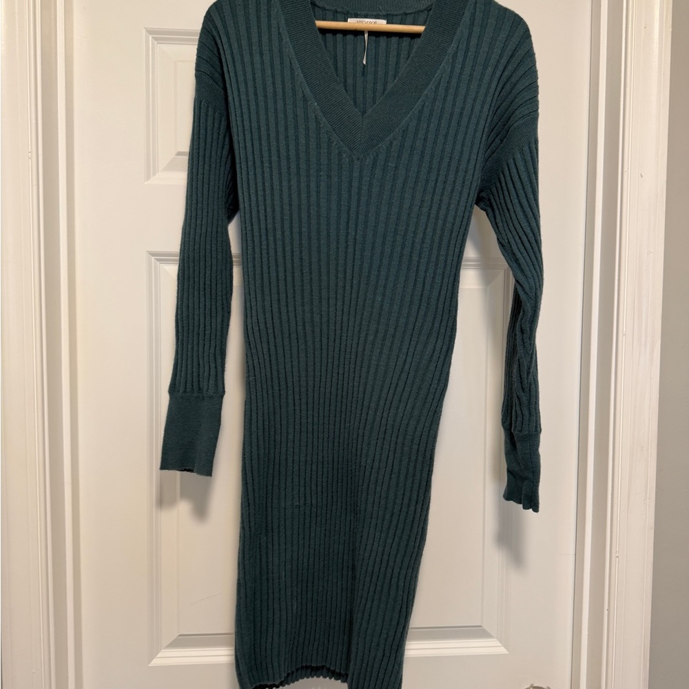 V-Neck Ribbed Long Sleeve Knit Dress - Teal